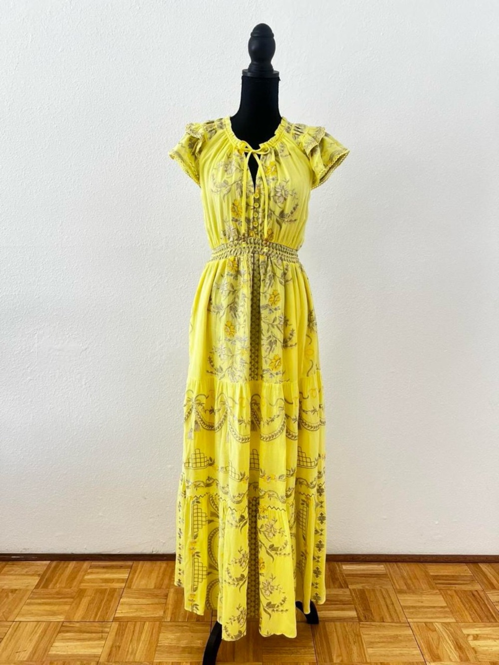 Butter Yellow Hale Bob Embroidered Maxi Dress Bohemian Boho Chic Romantic XS